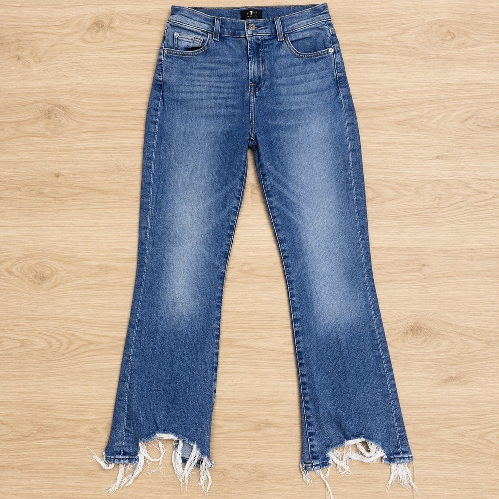 7 For All Mankind High Waist Slim Kick Jeans 26 Blue Frayed Chewed Hem Flare